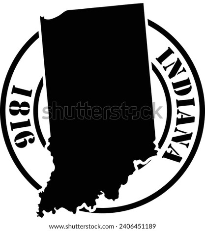 Black and white stencil silhouette shape of the American state of Indiana inside a circular stamp or seal style design with text. Vector eps graphic.