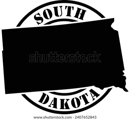 Black and white stencil silhouette shape of the American state of South Dakota inside a circular stamp or seal style design with text. Vector eps graphic.