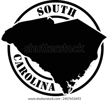 Black and white stencil silhouette shape of the American state of South Carolina inside a circular stamp or seal style design with text. Vector eps graphic.