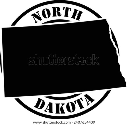Black and white stencil silhouette shape of the American state of North Dakota inside a circular stamp or seal style design with text. Vector eps graphic.