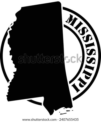 Black and white stencil silhouette shape of the American state of Mississippi inside a circular stamp or seal style design with text. Vector eps graphic.