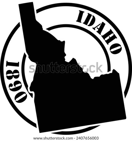 Black and white stencil silhouette shape of the American state of Idaho inside a circular stamp or seal style design with text. Vector eps graphic.