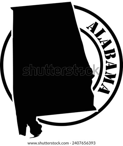 Black and white stencil silhouette shape of the American state of Alabama inside a circular stamp or seal style design with text. Vector eps graphic.