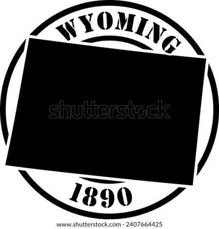 Black and white stencil silhouette shape of the American state of Wyoming inside a circular stamp or seal style design with text. Vector eps graphic.