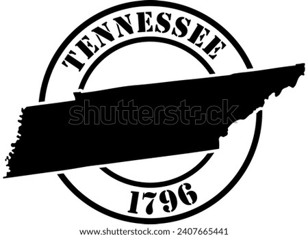 Black and white stencil silhouette shape of the American state of Tennessee inside a circular stamp or seal style design with text. Vector eps graphic.