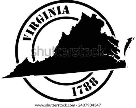 Black and white stencil silhouette shape of the American state of Virginia inside a circular stamp or seal style design with text. Vector eps graphic.