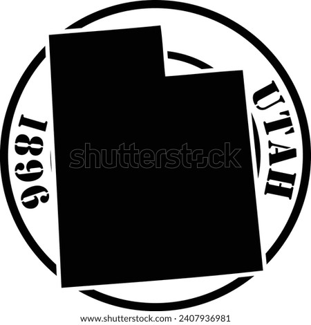 Black and white stencil silhouette shape of the American state of Utah inside a circular stamp or seal style design with text. Vector eps graphic.