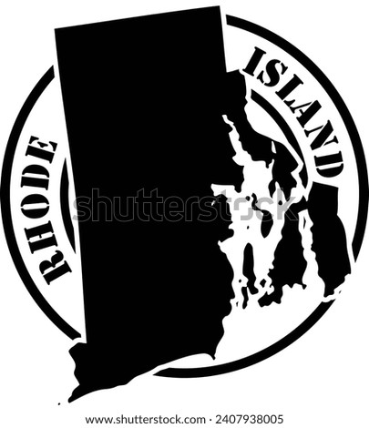 Black and white stencil silhouette shape of the American state of Rhode Island inside a circular stamp or seal style design with text. Vector eps graphic.