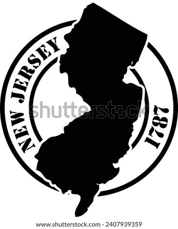Black and white stencil silhouette shape of the American state of New Jersey inside a circular stamp or seal style design with text. Vector eps graphic.