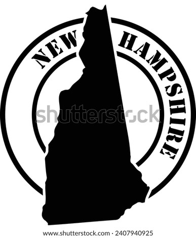 Black and white stencil silhouette shape of the American state of New Hampshire inside a circular stamp or seal style design with text. Vector eps graphic.