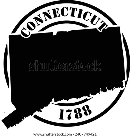 Black and white stencil silhouette shape of the American state of Connecticut inside a circular stamp or seal style design with text. Vector eps graphic.