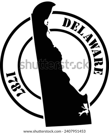 Black and white stencil silhouette shape of the American state of Delaware inside a circular stamp or seal style design with text. Vector eps graphic.