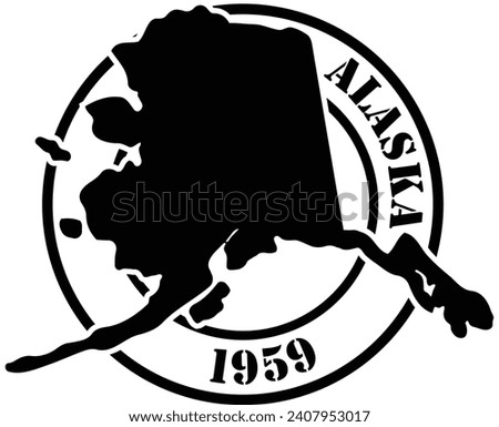 Black and white stencil silhouette shape of the American state of Alaska inside a circular stamp or seal style design with text. Vector eps graphic.