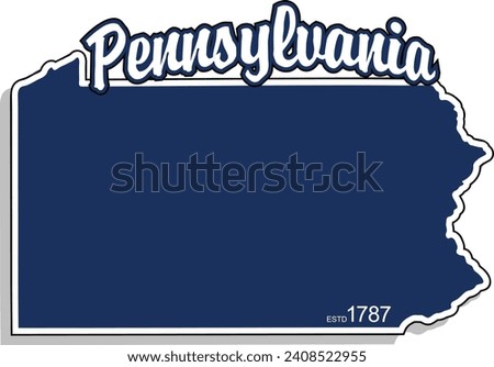 The shape of the state of Pennsylvania border silhouette in color outlined with script arched text above and year established in bottom corner and drop shadow. Vector eps graphic design.