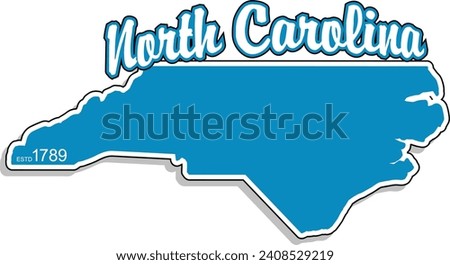 The shape of the state of North Carolina border silhouette in color outlined with script arched text above and year established in bottom corner and drop shadow. Vector eps graphic design.