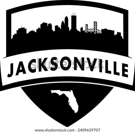 City of Jacksonville Florida black and white shield style city buildings silhouette shield graphic with knockout white outline of the state border shape under name. Vector eps design. 