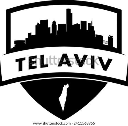City of Tel Aviv Israel black and white shield style city buildings silhouette shield graphic with knockout white outline of the state border shape under name. Vector eps design. 