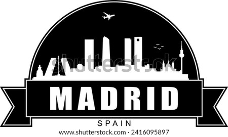 Black and white Madrid Spain city buildings skyline negative air space silhouette dome shaped emblem with scroll banner below and name text inside. Vector eps graphic design.