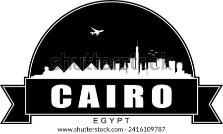 Black and white Cairo Egypt city buildings skyline negative air space silhouette dome shaped emblem with scroll banner below and name text inside. Vector eps graphic design.