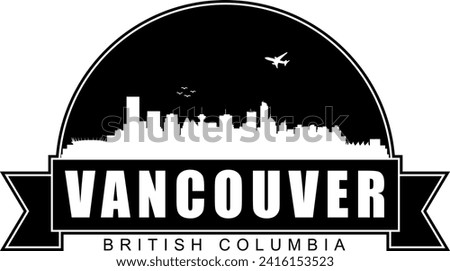 Black and white Vancouver British Columbia city buildings skyline negative air space silhouette dome shaped emblem with scroll banner below and name text inside. Vector eps graphic design.