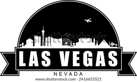 Black and white Las Vegas Nevada buildings skyline negative air space silhouette dome shaped emblem with scroll banner below and name text inside. Vector eps graphic design.