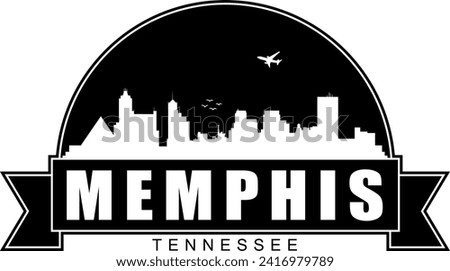 Black and white Memphis Tennessee buildings skyline negative air space silhouette dome shaped emblem with scroll banner below and name text inside. Vector eps graphic design.