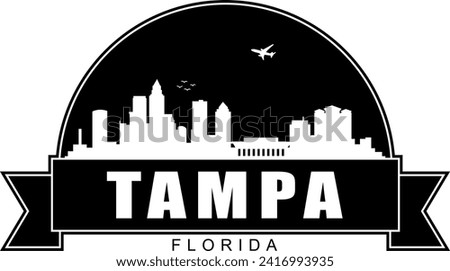 Black and white Tampa Florida buildings skyline negative air space silhouette dome shaped emblem with scroll banner below and name text inside. Vector eps graphic design.