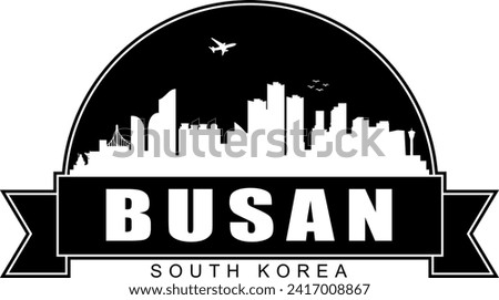 Black and white Busan South Korea buildings skyline negative air space silhouette dome shaped emblem with scroll banner below and name text inside. Vector eps graphic design.