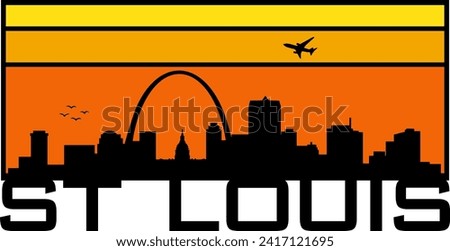 Retro style orange and yellow horizon rectangular horizontal graphic with Saint Louis Missouri buildings black city skyline silhouette. Vector eps graphic design. 