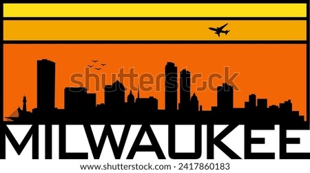 Retro style orange and yellow horizon rectangular horizontal graphic with Milwaukee Wisconsin buildings black city skyline silhouette. Vector eps graphic design. 