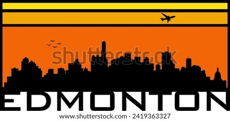 Retro style orange and yellow horizon rectangular horizontal graphic with Edmonton Canada buildings black city skyline silhouette. Vector eps graphic design. 