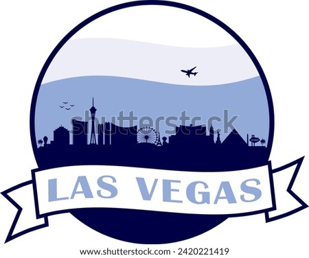 blue color city skyline of Las Vegas Nevada inside circle graphic with wavy white and light blue cloudy sky background and waving scroll banner with text inside. Vector eps graphic design.