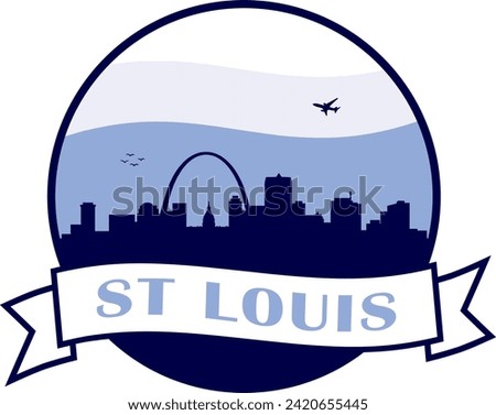 blue color city skyline of Saint Louis Missouri inside circle graphic with wavy white and light blue cloudy sky background and waving scroll banner with text inside. Vector eps graphic design.