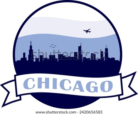 blue color city skyline of Chicago Illinois inside circle graphic with wavy white and light blue cloudy sky background and waving scroll banner with text inside. Vector eps graphic design.