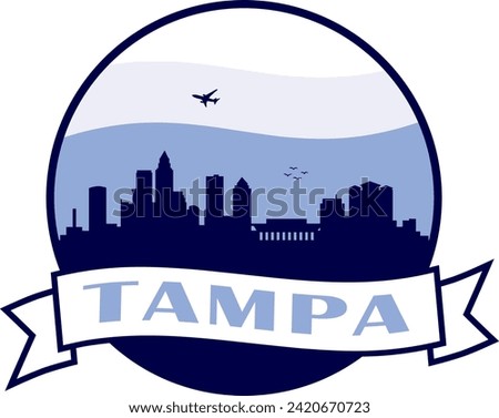 blue color city skyline of Tampa Florida inside circle graphic with wavy white and light blue cloudy sky background and waving scroll banner with text inside. Vector eps graphic design.