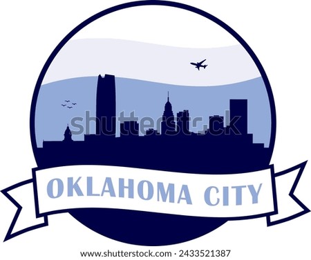 Color city skyline of Oklahoma City USA inside circle graphic with wavy white and light blue cloudy sky background and waving scroll banner with text inside. Vector eps graphic design.
