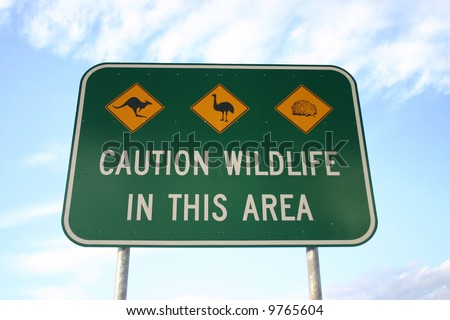 Caution road sign for crossing area full of wildlife. Australia.
