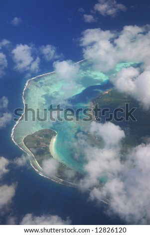Pacific Islands hidden by the clouds. Aerial view. French Polynesia