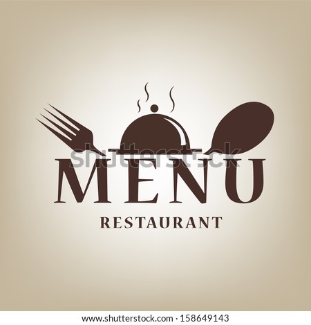 a menu design with a dish, fork, spoon and some text