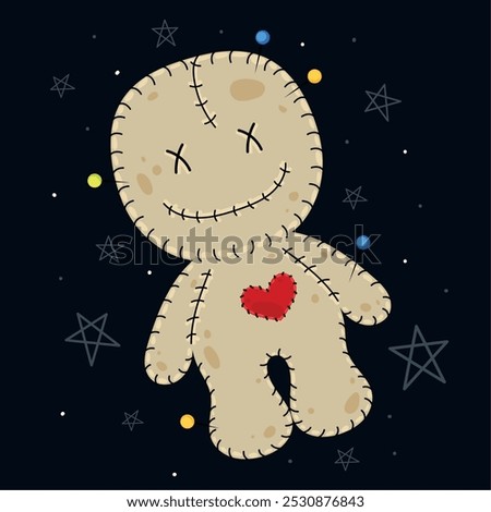 Cute voodoo doll with heart and stitches on dark background, Vector