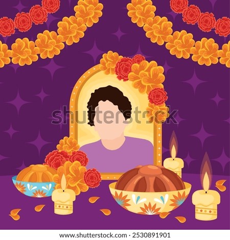 Dia de los Muertos altar with photo, marigolds, and candles Vector