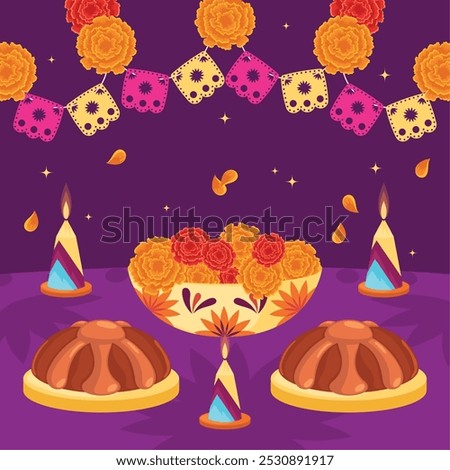 Dia de los Muertos offering with flowers, candles, and gely Vector