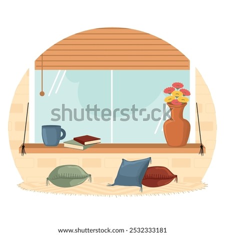 Window nook with cushions, books, and flowers, Vector