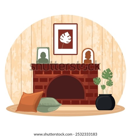 Fireplace mantle with decor and cozy pillows, Vector