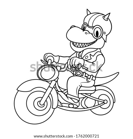 Cartoon dinosaur raptor riding motorbike. Biker dino with helmet and googles. Isolated on white background. Funny mascot logo for moto company. Line art for coloring book or page for kids and children