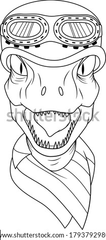 Biker Raptor head with helmet and googles and bandana on neck. Illustration for motor bike clubs and teams. Dinosaur mascot motorcycle rider. Isolated line art for coloring book and pages.