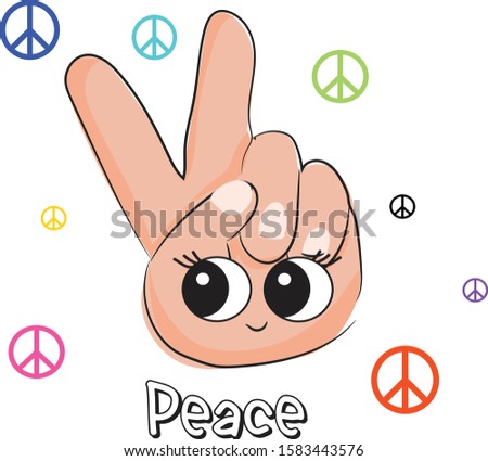 Sweet, cute peace hand cartoon character. Vector illustration