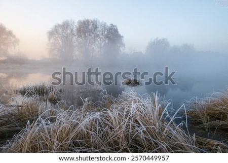 Similar – Image, Stock Photo Frosty and foggy morning on the Polish Ochodzita mountain with a view of the Czech Beskydy mountains. Lysa mountain illuminated with orange light. Winter and frosty environment