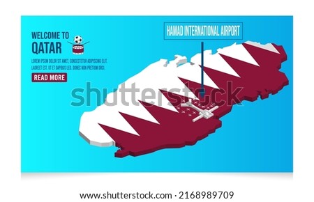 The terminal complex of Hamad International Airport isometric composition with Qatar map. Vector illustration eps10