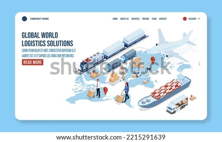 3D isometric Global logistics solutions landing page concept with Smart Logistics, Business logistics, Warehouse Logistic, Online delivery, Export and Import. Vector illustration sps10